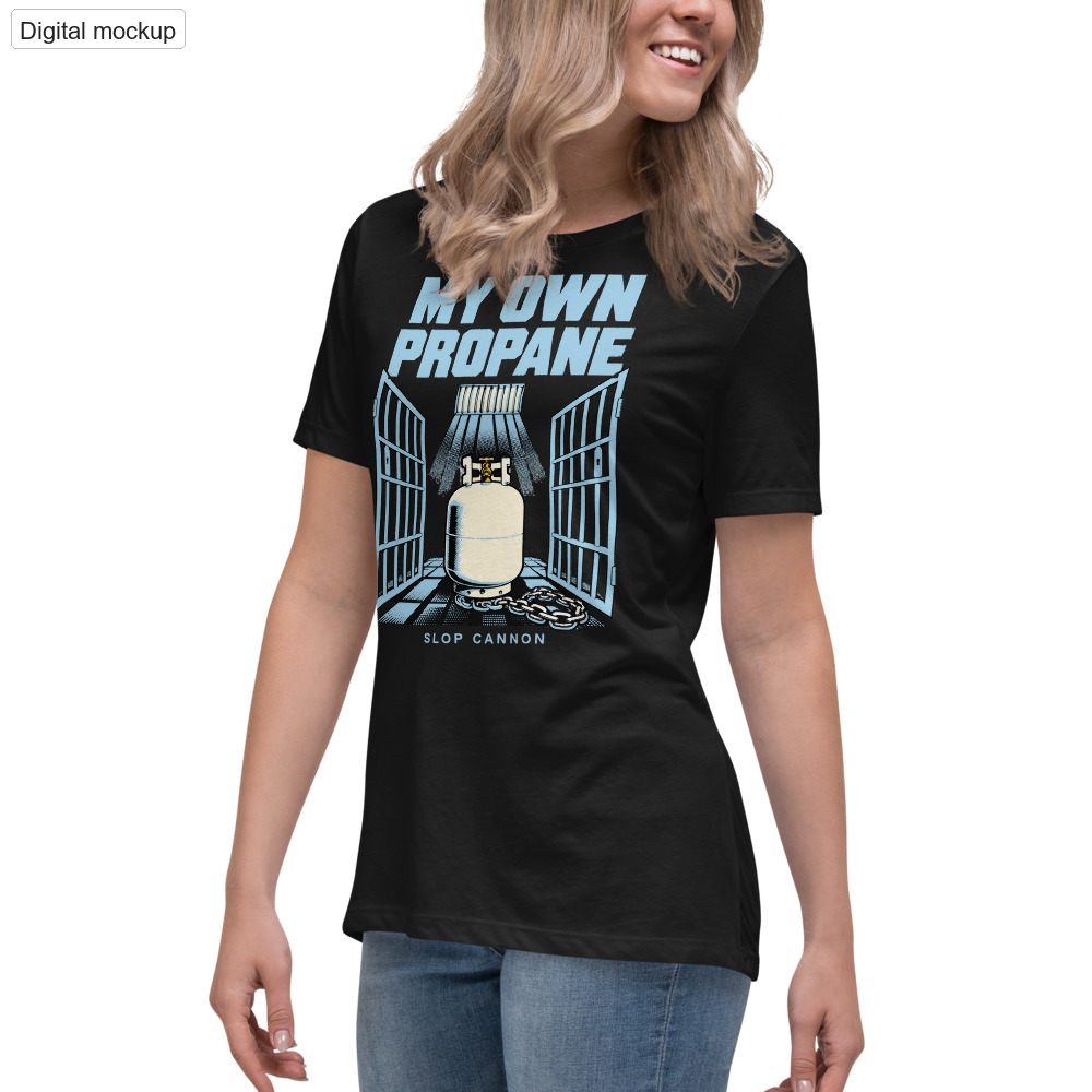 My Own Propane Women's Tee — Black — adult supplier model left front view with the current configured front artwork; exact Bella + Canvas 6400; supplier digital mockup; tee only, styling bottoms excluded.