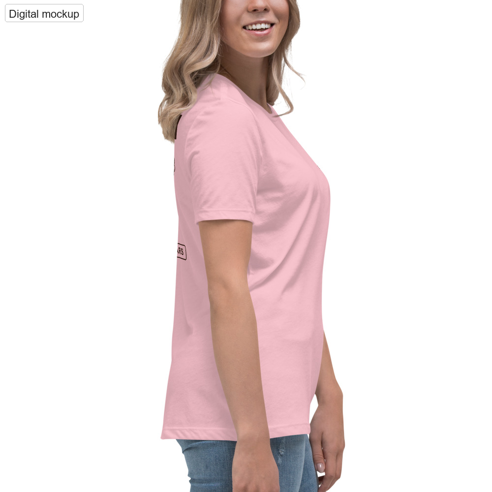 Do Not Aim At Ex Women's Tee — Pink — adult supplier model right-side view; plain sleeve and side profile match the configured garment; exact Bella + Canvas 6400; supplier digital mockup; tee only, styling bottoms excluded.