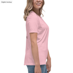 Do Not Aim At Ex Women's Tee — Pink — adult supplier model right-side view; plain sleeve and side profile match the configured garment; exact Bella + Canvas 6400; supplier digital mockup; tee only, styling bottoms excluded.