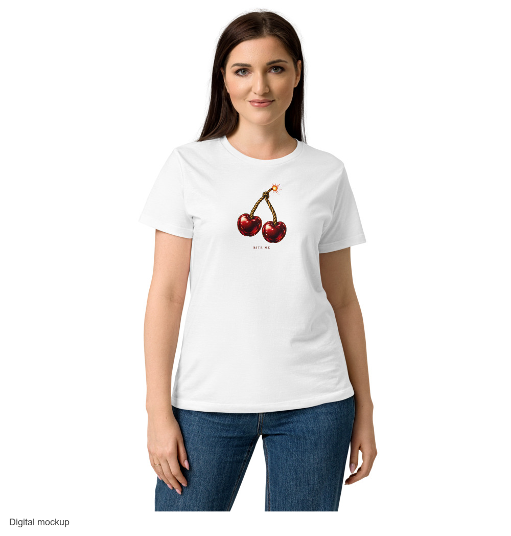 Slop Cannon Bite Me Women's Tee — White — supplier Women's Front model view; tee only; Gildan 64000L women’s Softstyle tee; exact current supplier digital mockup; configured front artwork with plain back and sleeves; third-party styling excluded.