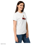 Slop Cannon Bite Me Women's Tee — White — supplier Women's Right Front model view; tee only; Gildan 64000L women’s Softstyle tee; exact current supplier digital mockup; configured front artwork with plain back and sleeves; third-party styling excluded.