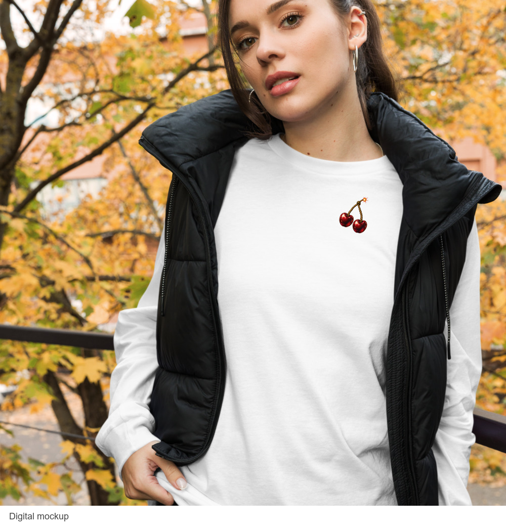 Slop Cannon Cherry Fuse Sleeve Women's Long Sleeve — White — supplier Women's Lifestyle Front 2 model view; long sleeve tee only; Bella + Canvas 3501 long sleeve tee; exact current supplier digital mockup; configured small chest and wearer-left sleeve artwork; third-party styling excluded.