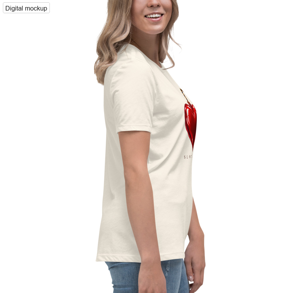 Heart Fuse Women's Tee — Natural — adult supplier model right view with the current configured front artwork; exact Bella + Canvas 6400; supplier digital mockup; tee only, styling bottoms excluded.