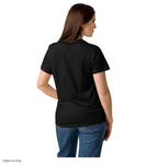 Slop Cannon Loaded Women's Tee — Black — supplier Women's Back model view; tee only; Gildan 64000L Women's Basic Softstyle tee; exact current supplier digital mockup; configured front artwork is not visible from this plain rear view; third-party styling excluded.