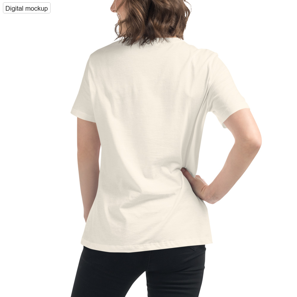 Sweet Trouble Women's Tee — Natural — adult supplier model back view; plain back matches the current Printful files; exact Bella + Canvas 6400; supplier digital mockup; tee only, styling bottoms excluded.