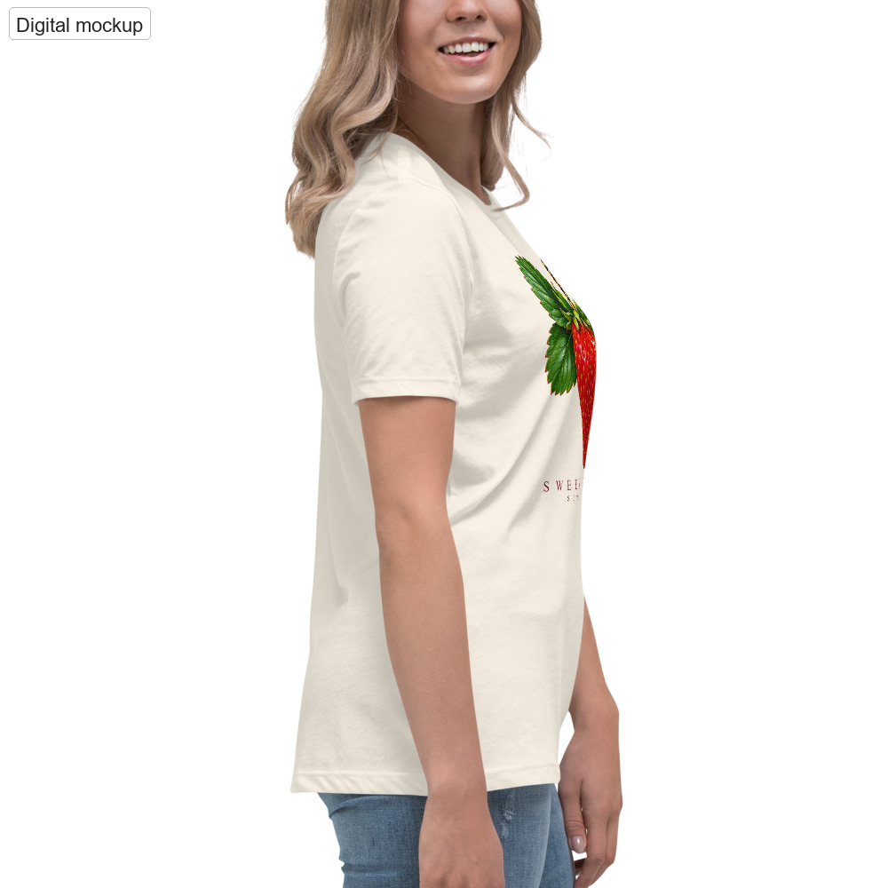 Sweet Trouble Women's Tee — Natural — adult supplier model right view with the current configured front artwork; exact Bella + Canvas 6400; supplier digital mockup; tee only, styling bottoms excluded.