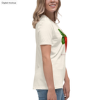 Sweet Trouble Women's Tee — Natural — adult supplier model right view with the current configured front artwork; exact Bella + Canvas 6400; supplier digital mockup; tee only, styling bottoms excluded.