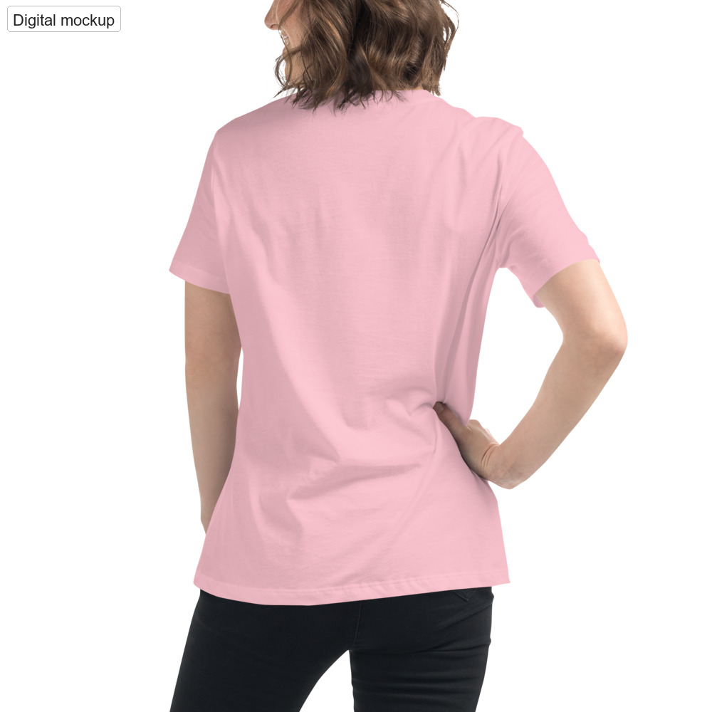 Short Fuse Women's Tee — Pink — adult supplier model back view; plain back matches the current Printful files; exact Bella + Canvas 6400; supplier digital mockup; tee only, styling bottoms excluded.
