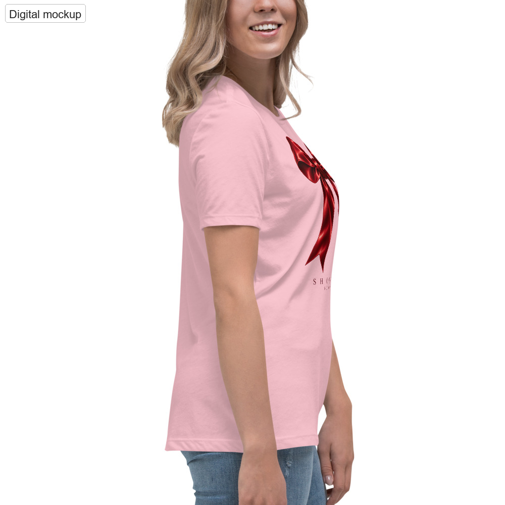 Short Fuse Women's Tee — Pink — adult supplier model right view with the current configured front artwork; exact Bella + Canvas 6400; supplier digital mockup; tee only, styling bottoms excluded.