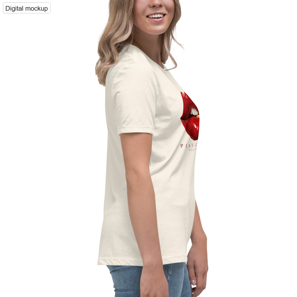 Play With Fire Women's Tee — Natural — adult supplier model right view with the current configured front artwork; exact Bella + Canvas 6400; supplier digital mockup; tee only, styling bottoms excluded.