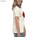 Play With Fire Women's Tee — Natural — adult supplier model right view with the current configured front artwork; exact Bella + Canvas 6400; supplier digital mockup; tee only, styling bottoms excluded.