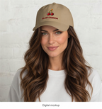 Slop Cannon Cherry Fuse Dad Cap — Khaki — CW-F02 adult woman model view; exact configured Yupoong 6245CM cap and embroidery artwork; digital model composite; headwear only, outfit excluded.
