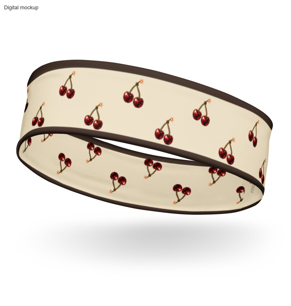 Cherry Fuse Repeat Headband — Ivory / espresso — garment-only ghost left-front view; exact current Printful headband preview; digital mockup; one headband only.