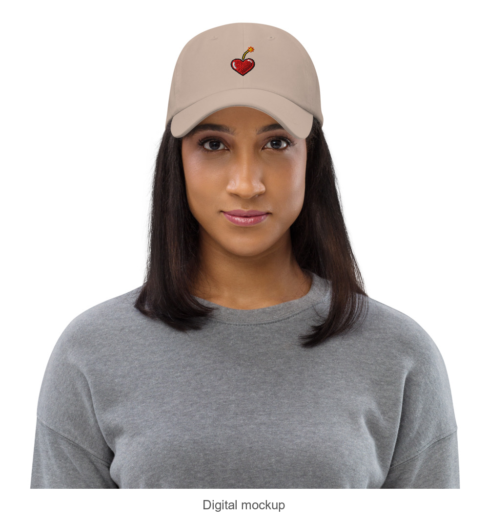 Slop Cannon Heart Fuse Dad Cap — Stone — supplier Women's 2 / Front model-worn view; exact configured headwear and artwork; digital mockup; headwear only, outfit excluded.