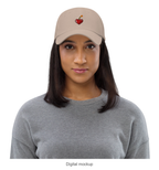 Slop Cannon Heart Fuse Dad Cap — Stone — supplier Women's 2 / Front model-worn view; exact configured headwear and artwork; digital mockup; headwear only, outfit excluded.