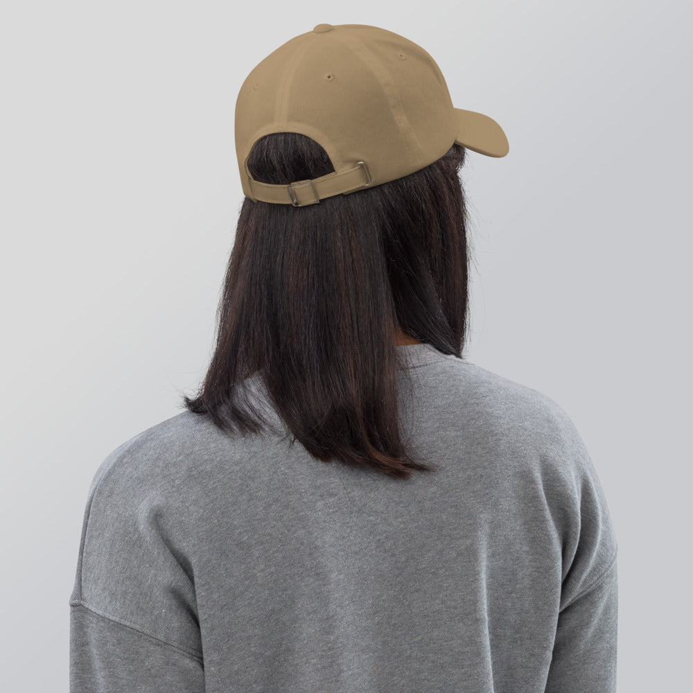 Slop Cannon Hot Piece Dad Cap — Khaki — Printful Women's Lifestyle 3 Back provider model view; exact configured product and artwork; digital mockup.