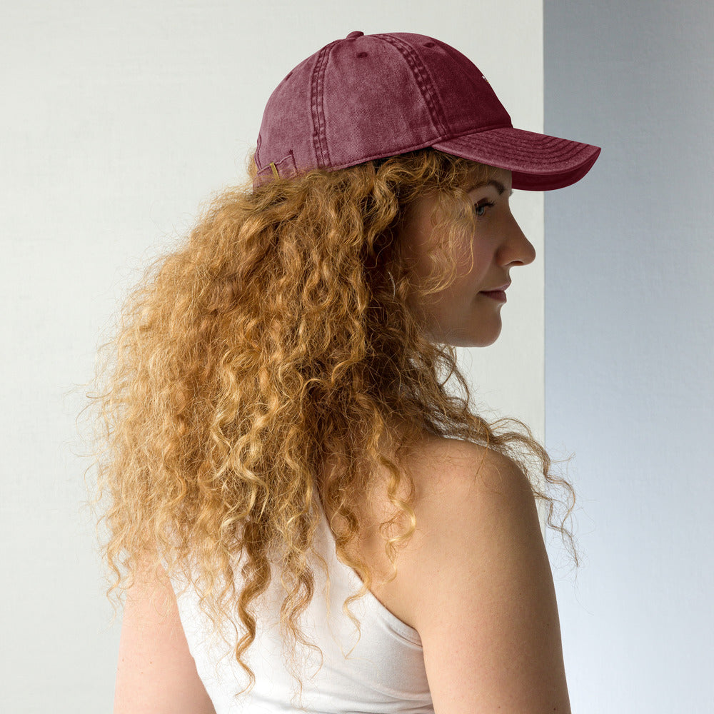 Slop Cannon Dirty Habits Dad Cap — Maroon — Printful Women's Lifestyle 3 Right Back provider model view; exact configured product and artwork; digital mockup.