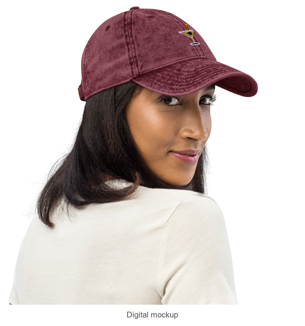 Slop Cannon Dirty Habits Dad Cap — Maroon — supplier Women's 2 / Right Front model-worn view; exact configured headwear and artwork; digital mockup; headwear only, outfit excluded.