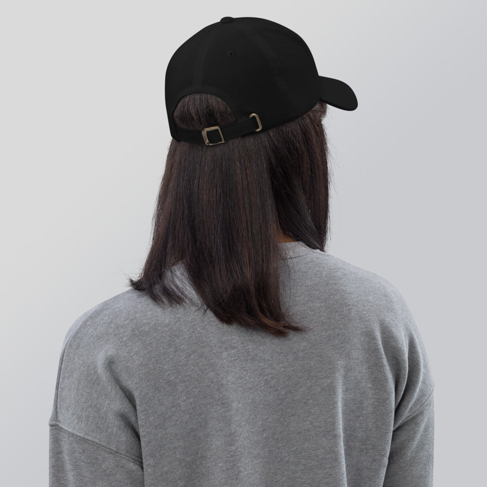 Slop Cannon Loaded Dad Cap — Black — Printful Women's Lifestyle 3 Back provider model view; exact configured product and artwork; digital mockup.