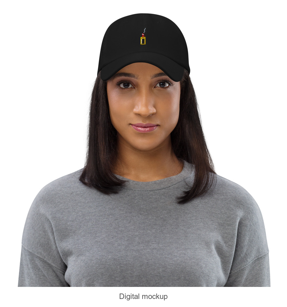 Slop Cannon Loaded Dad Cap — Black — supplier Women's 2 / Front model-worn view; exact configured headwear and artwork; digital mockup; headwear only, outfit excluded.