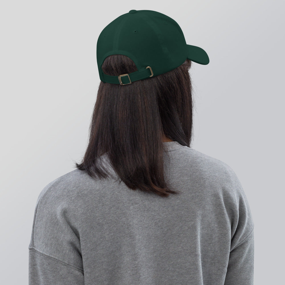 Slop Cannon Sweet Trouble Dad Cap — Spruce — Printful Women's Lifestyle 3 Back provider model view; exact configured product and artwork; digital mockup.