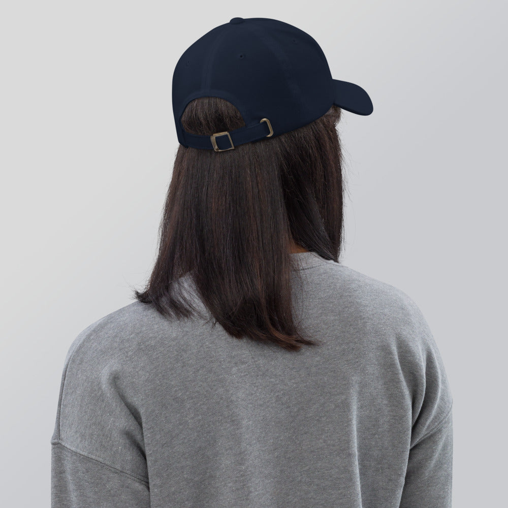 Slop Cannon Bad Luck Club Dad Cap — Navy — Printful Women's Lifestyle 3 Back provider model view; exact configured product and artwork; digital mockup.