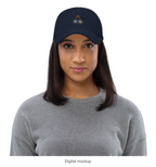 Slop Cannon Bad Luck Club Dad Cap — Navy — supplier Women's 2 / Front model-worn view; exact configured headwear and artwork; digital mockup; headwear only, outfit excluded.