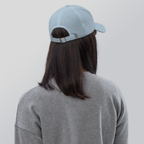 Slop Cannon Play With Fire Dad Cap — Light Blue — Printful Women's Lifestyle 3 Back provider model view; exact configured product and artwork; digital mockup.