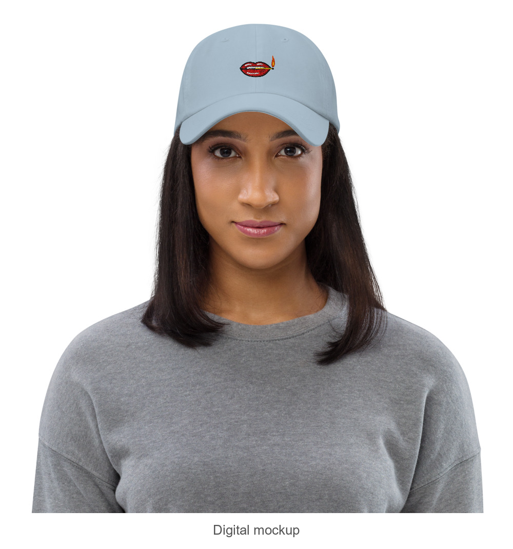Slop Cannon Play With Fire Dad Cap — Light Blue — supplier Women's 2 / Front model-worn view; exact configured headwear and artwork; digital mockup; headwear only, outfit excluded.