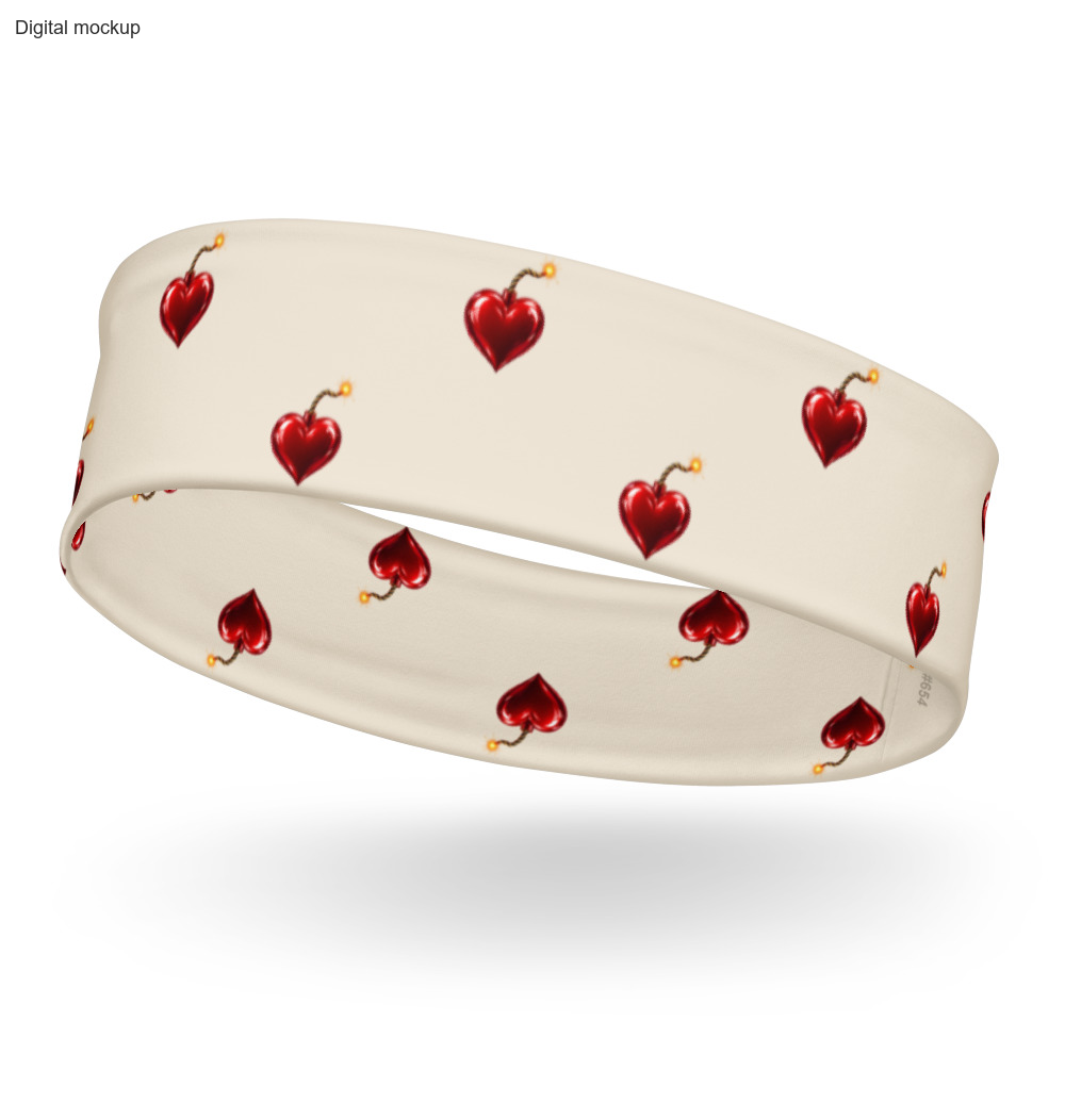 Heart Fuse Headband — Cream — garment-only ghost left-front view; exact current Printful headband preview; digital mockup; one headband only.
