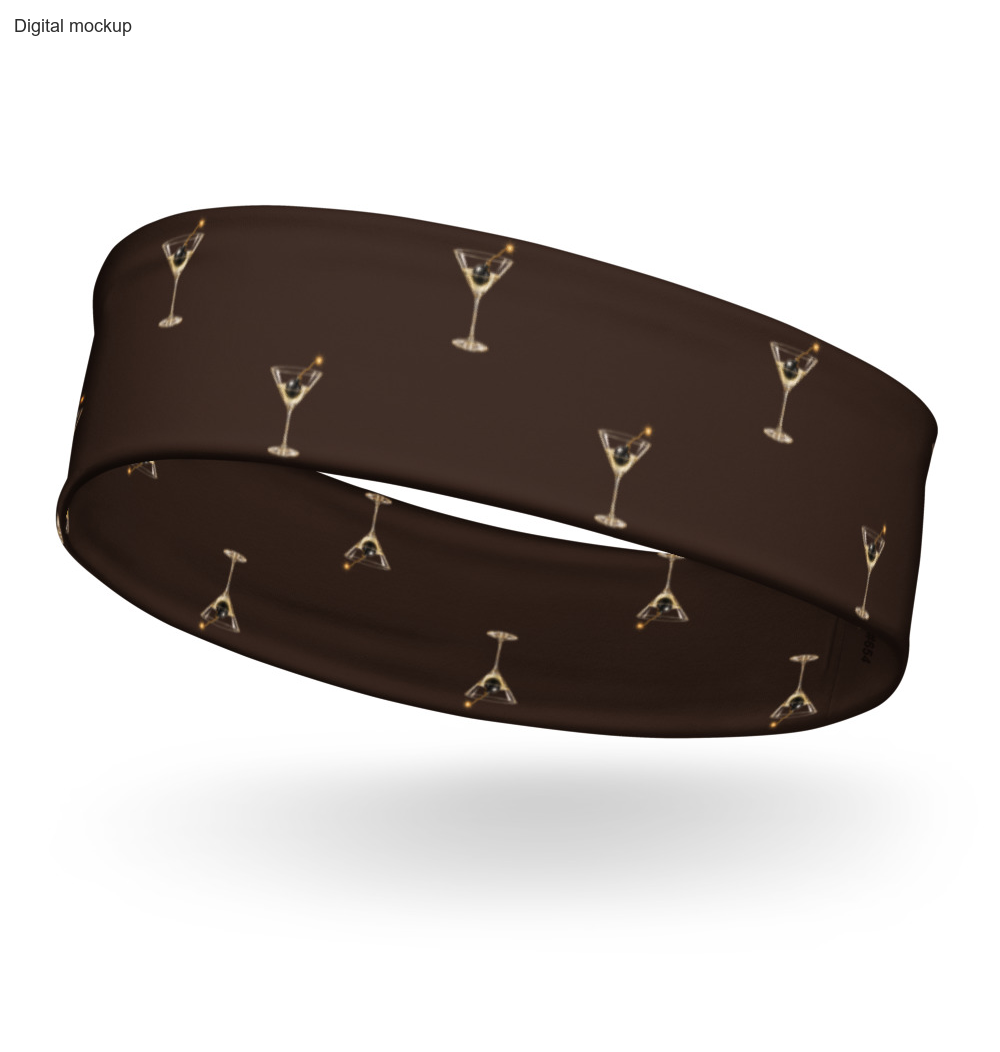 Dirty Habits Headband — Espresso — garment-only ghost left-front view; exact current Printful headband preview; digital mockup; one headband only.
