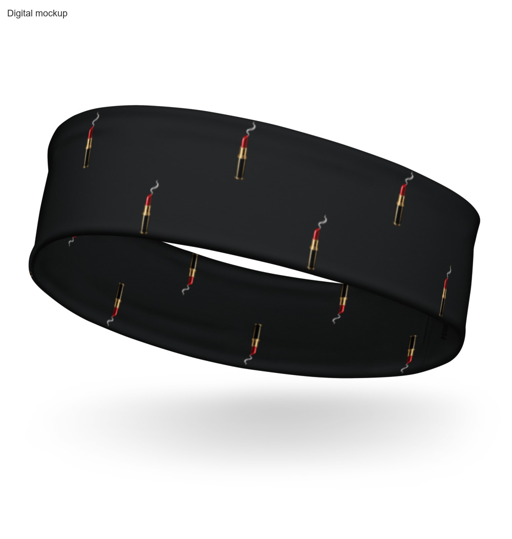 Loaded Headband — Black — garment-only ghost left-front view; exact current Printful headband preview; digital mockup; one headband only.