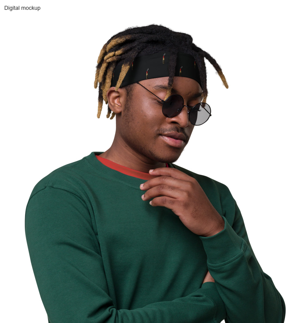 Loaded Headband — Black — adult supplier model right-front view; exact current Printful headband preview; digital mockup; headband only.