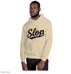 Wiglet Slop Script Hoodie — Sand / Black — supplier Men's 2 Front 2 model view; hoodie only; Gildan 18500, supplier Sand; exact current supplier digital mockup; configured front Slop script with plain sleeves and back; third-party styling excluded.