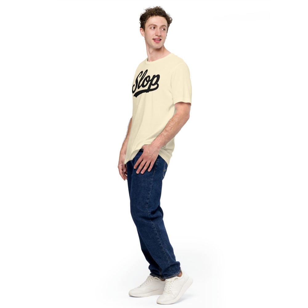 Slop Script Tee — Natural / Black — Printful Men's 5 Left Front provider model view; exact configured product and artwork; digital mockup.