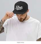 Slop Script Flat-Brim Snapback — Black / White — supplier Men's Lifestyle / Front model-worn view; exact configured headwear and artwork; digital mockup; headwear only, outfit excluded.