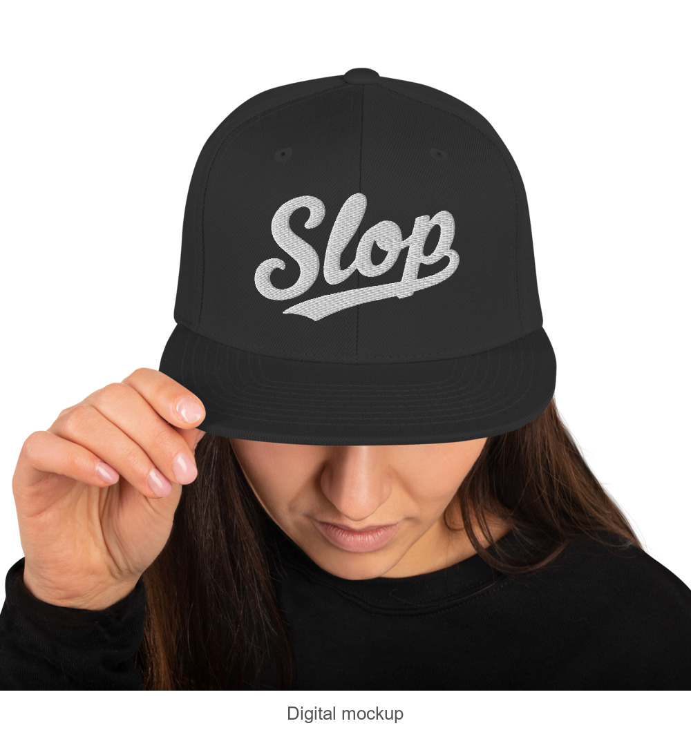 Slop Script Flat-Brim Snapback — Black / White — supplier Women's / Front model-worn view; exact configured headwear and artwork; digital mockup; headwear only, outfit excluded.
