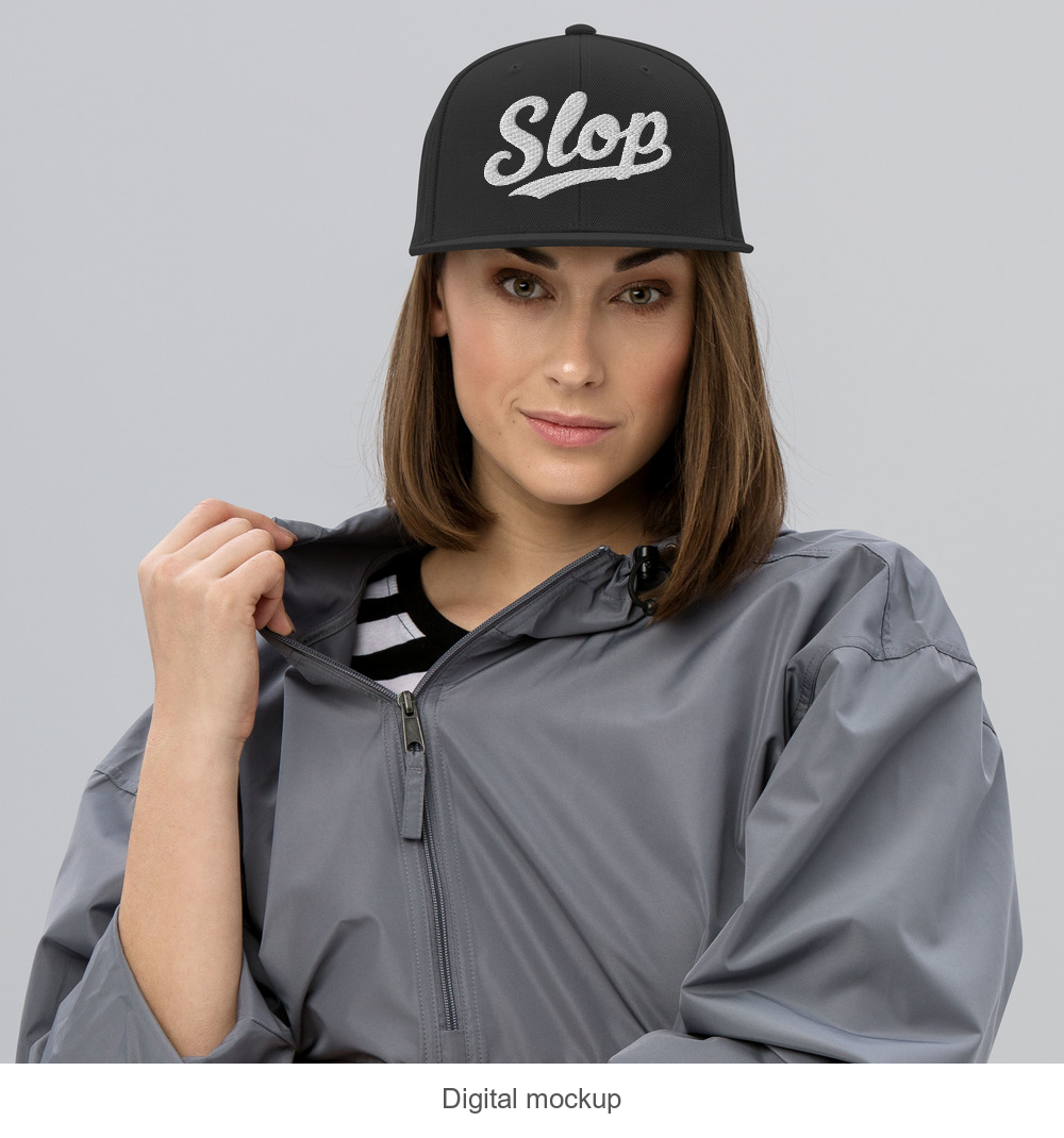 Slop Script Flat-Brim Snapback — Black / White — supplier Women's Lifestyle / Front model-worn view; exact configured headwear and artwork; digital mockup; headwear only, outfit excluded.
