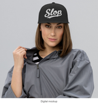 Slop Script Flat-Brim Snapback — Black / White — supplier Women's Lifestyle / Front model-worn view; exact configured headwear and artwork; digital mockup; headwear only, outfit excluded.