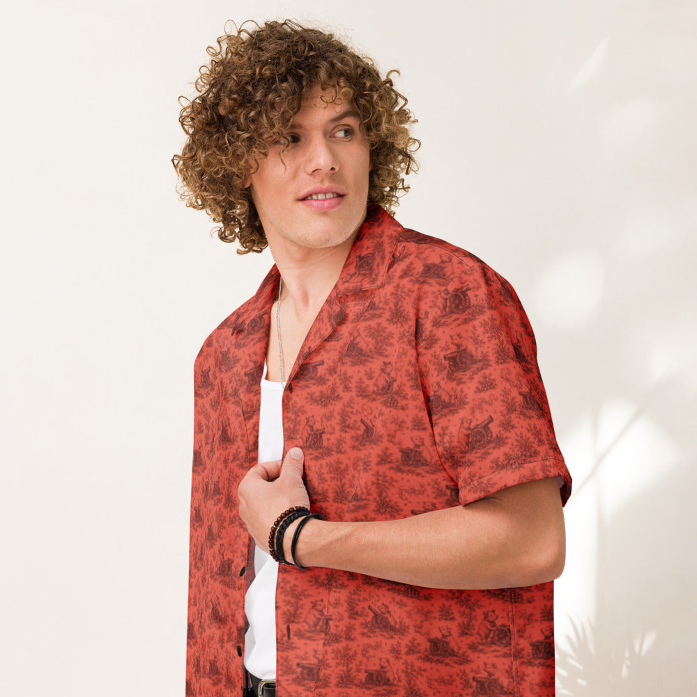 Pig Cabana Resort Shirt — Coral / Oxblood — Printful Men's Lifestyle Front provider model view; exact configured product and artwork; digital mockup.
