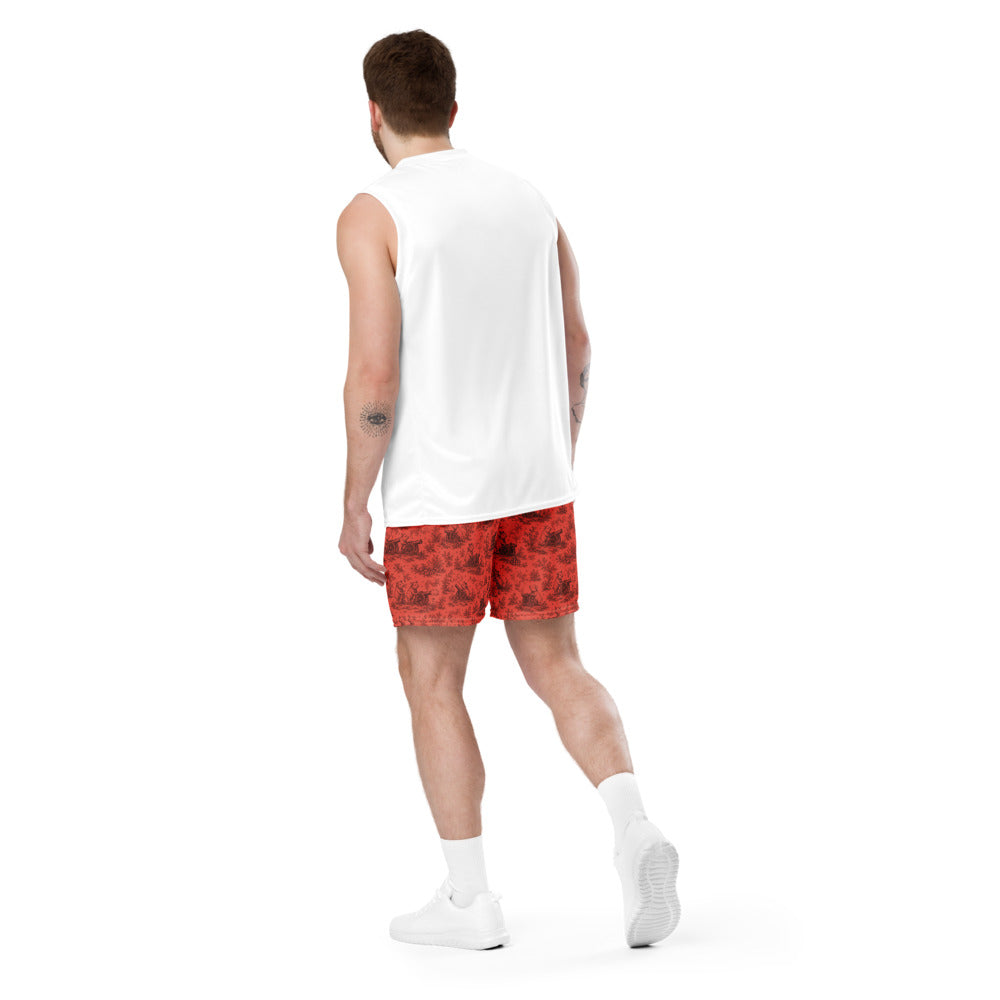 Pig Cabana Mesh Shorts — Coral / Oxblood — Printful Men's Back provider model view; exact configured product and artwork; digital mockup.