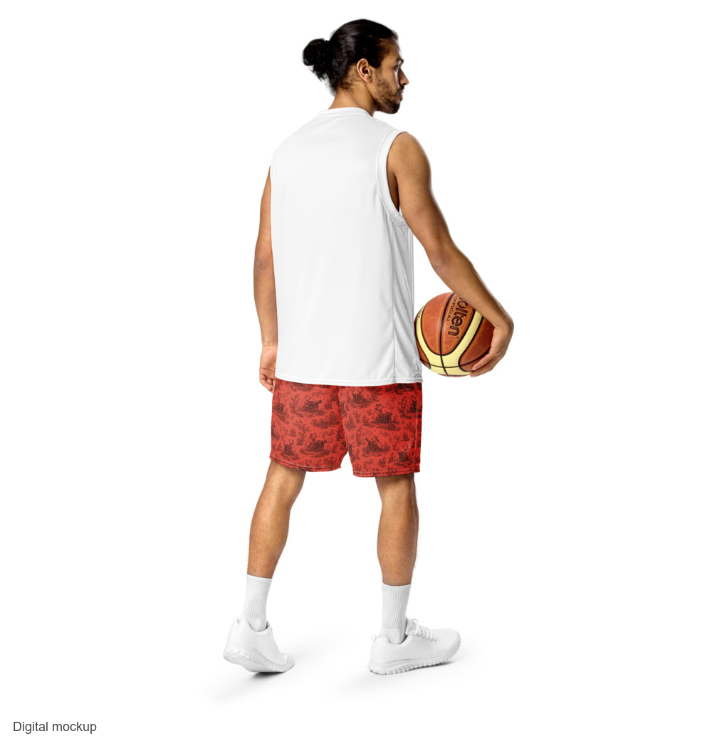 Pig Cabana Mesh Shorts — Coral / Oxblood — supplier Men's Lifestyle Back model view; mesh shorts only; Printful all-over-print recycled unisex mesh shorts; exact current supplier digital mockup; exact configured coral and oxblood all-over pattern; third-party styling excluded.