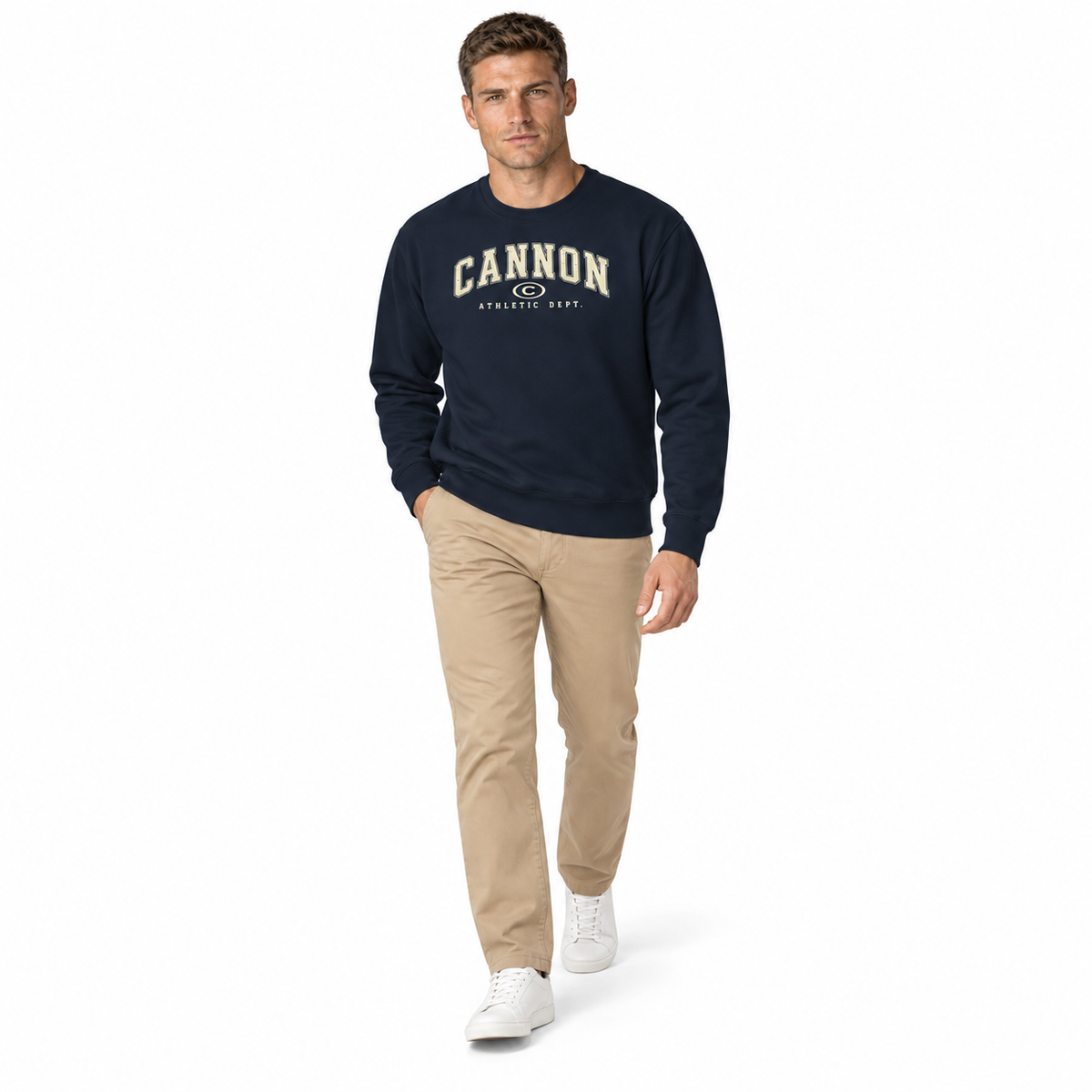 Cannon Athletic Navy Crewneck Sweatshirt in Navy Blazer, worn by a model