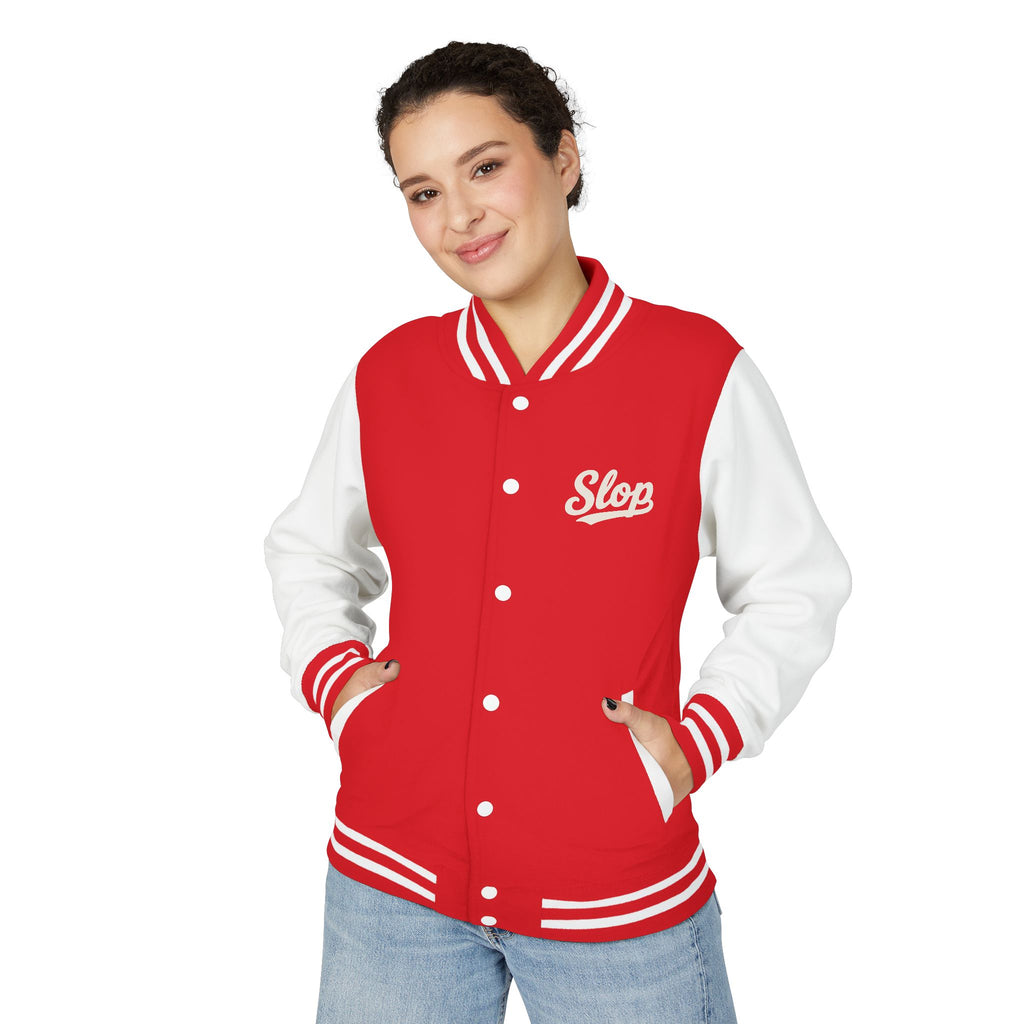 Woman wearing the Ivory Script Varsity Jacket in Fire Red/Arctic White