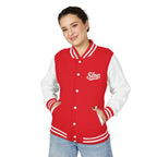 Woman wearing the Ivory Script Varsity Jacket in Fire Red/Arctic White