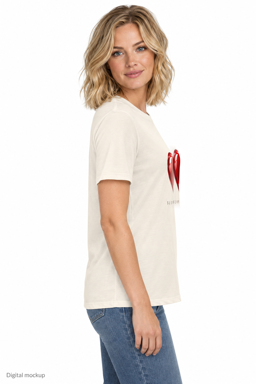 Slop Cannon Heart Fuse Women's Tee — Natural — fictional adult model side view; exact Bella + Canvas 6400 garment and configured front artwork; roster identity CW-F14; generated digital mockup, not a manufactured sample; tee only; styling jeans excluded.