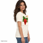 Slop Cannon Sweet Trouble Women's Tee — Natural — fictional adult model three-quarter view; exact women's tee garment and configured Sweet Trouble artwork; roster identity CW-F15; generated digital mockup, not a manufactured sample; tee only; styling jeans excluded.