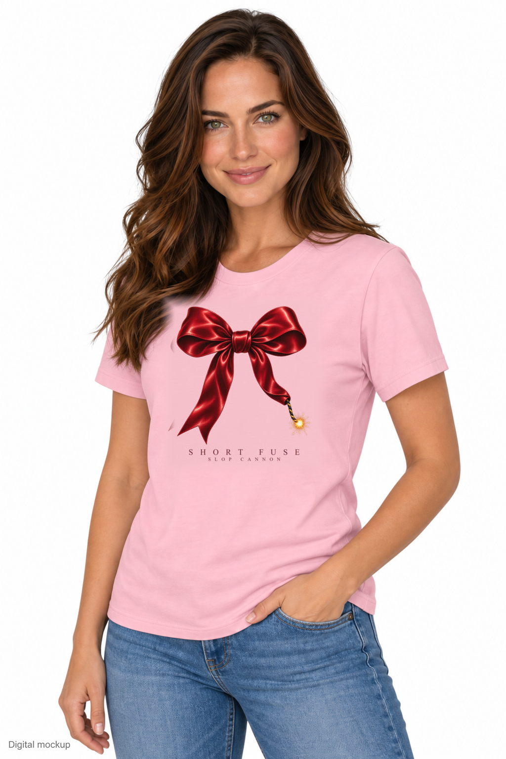 Slop Cannon Short Fuse Women's Tee — Pink — fictional adult model front three-quarter view; exact Bella + Canvas 6400 garment and configured Short Fuse artwork; roster identity CW-F02; generated digital mockup, not a manufactured sample; tee only; styling jeans excluded.
