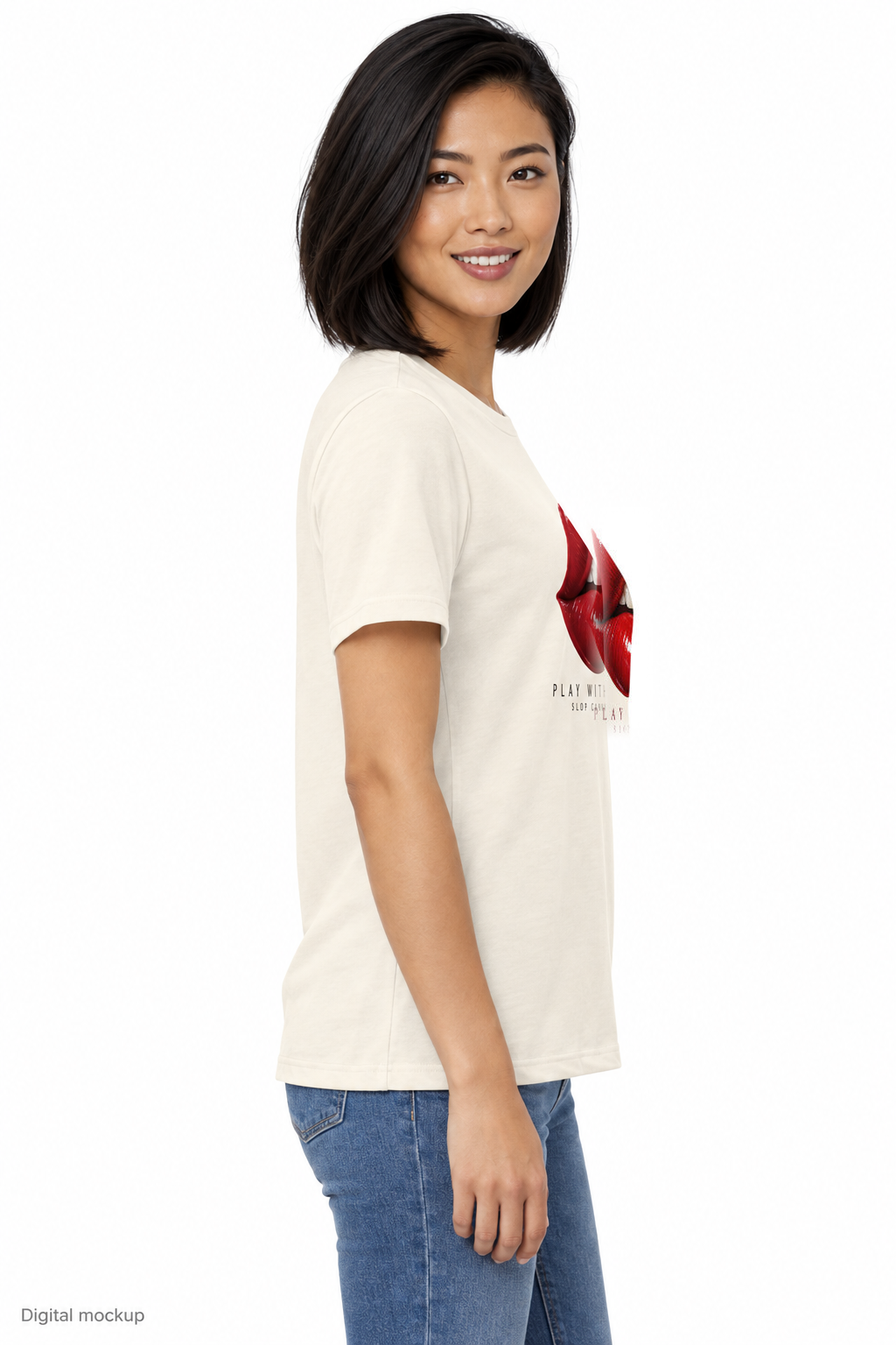 Slop Cannon Play With Fire Women's Tee — Natural — fictional adult model side view; exact Bella + Canvas 6400 garment and configured Play With Fire artwork; roster identity EA-F02; generated digital mockup, not a manufactured sample; tee only; styling jeans excluded.