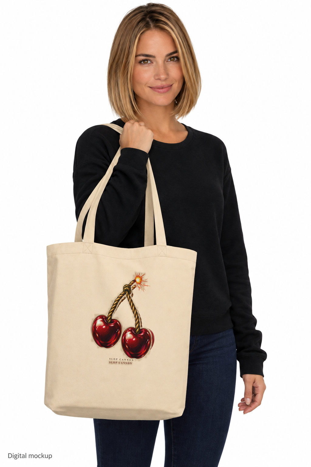 Slop Cannon Cherry Fuse Tote Bag — Oyster — fictional adult model holding the exact tote and configured Cherry Fuse artwork; roster identity CW-F04; generated digital mockup, not a manufactured sample; tote only; styling clothing excluded.